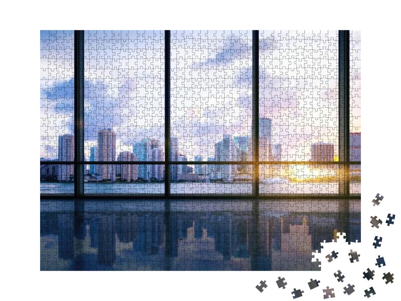 Puzzle 1000 Teile „Digitale Kunst: Leere Halle mit Blick auf die Stadt“