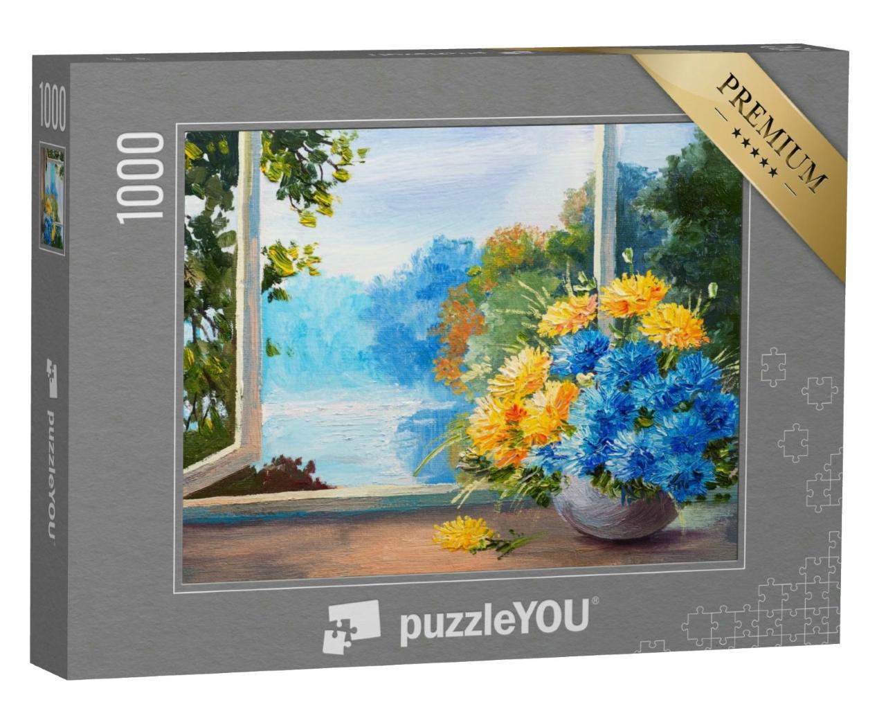Puzzle 1000 Teile „Ölgemälde: Frühlingsblumenstrauß auf einem Tisch in der Nähe des Fensters“