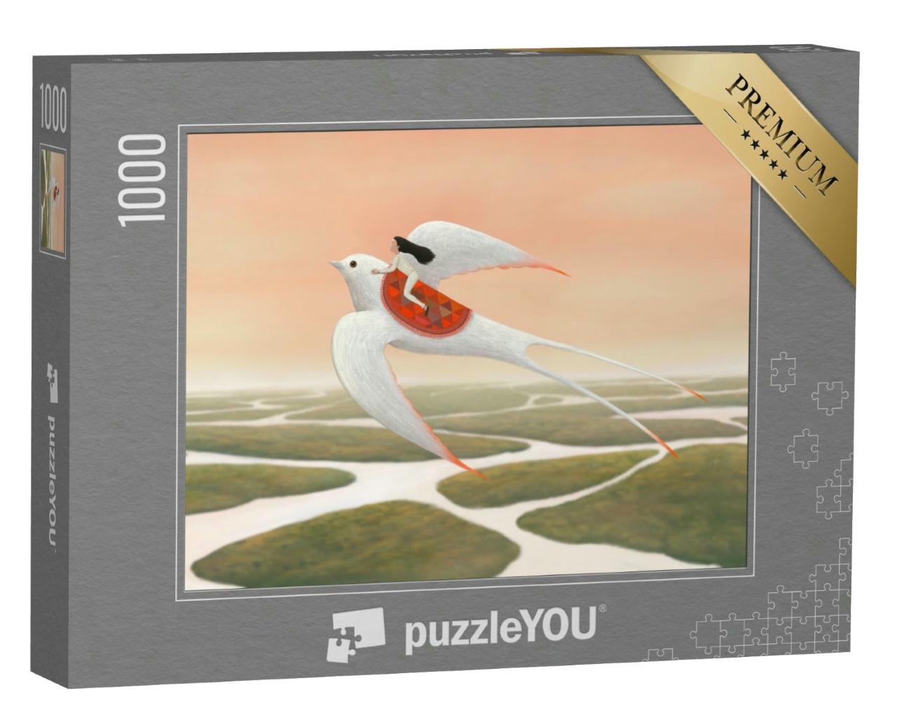 Puzzle 1000 Teile „Digitale Kunst: Flug auf weißer Taube in die Freiheit“