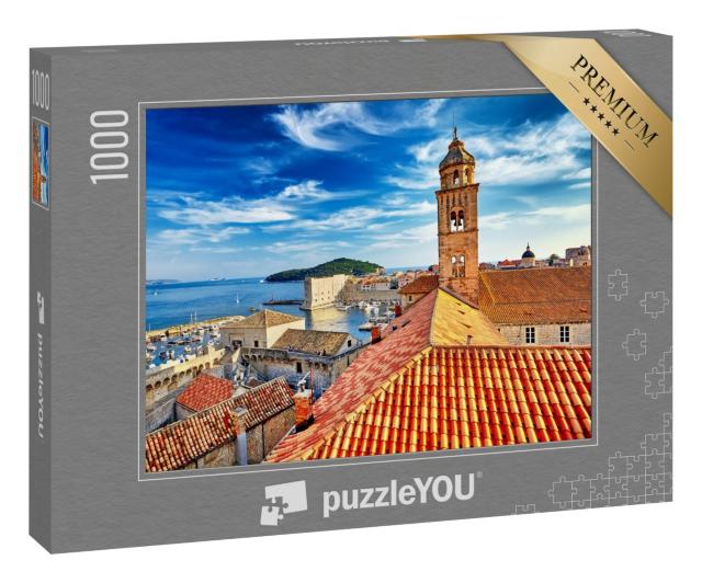 Puzzle 1000 Teile „Blick über Dächer: Altstadt von Dubrovnik bei Sonnenuntergang, Kroatien“