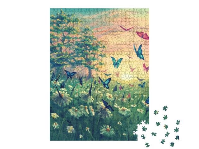 Puzzle 1000 Teile „Ölgemälde: Sonnenuntergang mit Schmetterlingen“