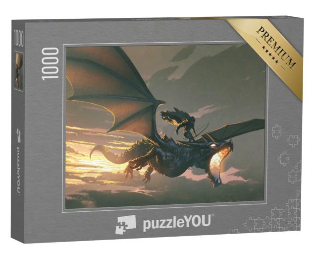 Puzzle 1000 Teile „Ritter reitet den Drachen bei Sonnenuntergang“