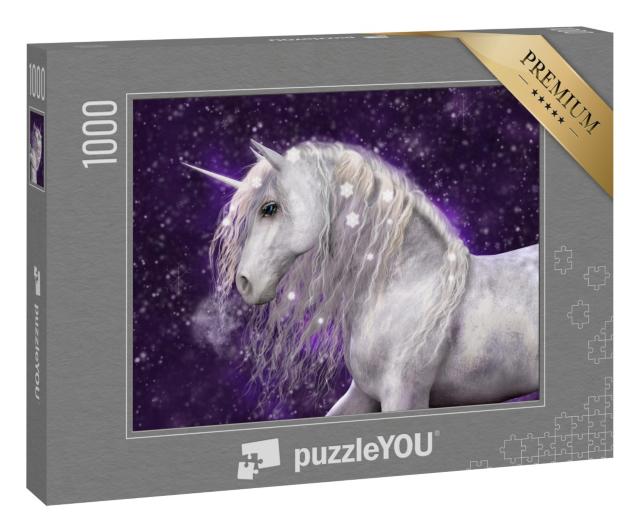 Puzzle 1000 Teile „Ein wunderschönes weißes Einhorn mit silberner Mähne mit Schnee, Illustration“