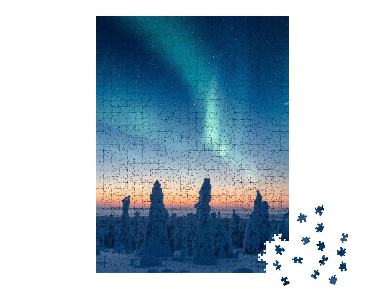 Puzzle 1000 Teile „Schneebedeckte Bäume unter wunderschönem Nordlicht“