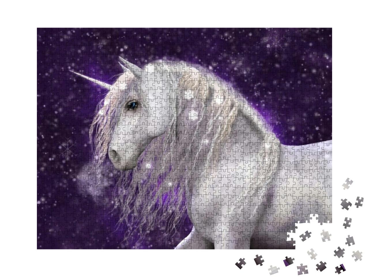 Puzzle 1000 Teile „Ein wunderschönes weißes Einhorn mit silberner Mähne mit Schnee, Illustration“