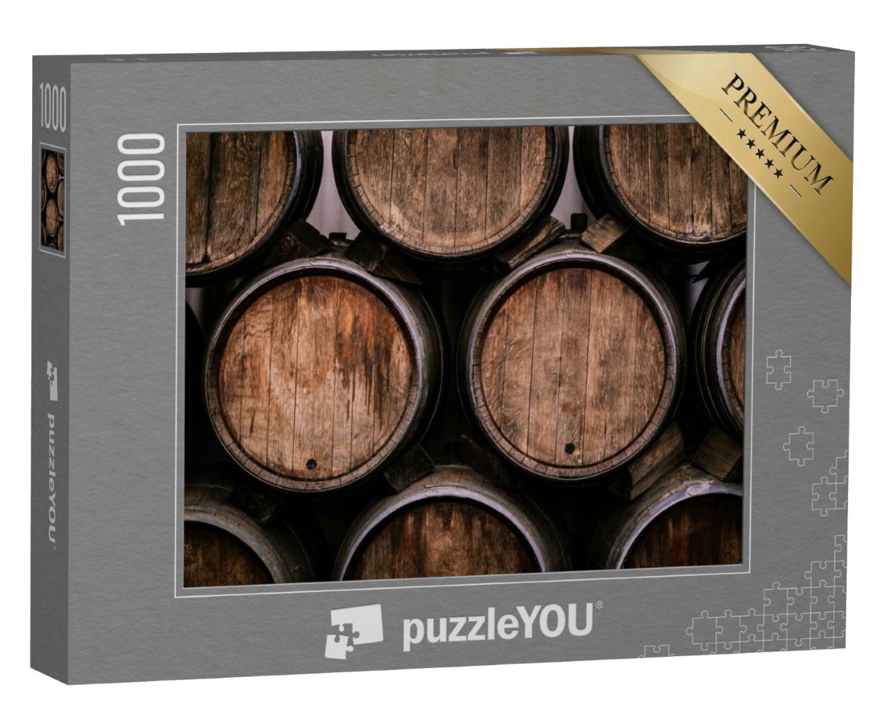 Puzzle 1000 Teile „Weinfässer auf dem Weingut, gestapelte Weinfässer in der deutschen Weinkellerei“