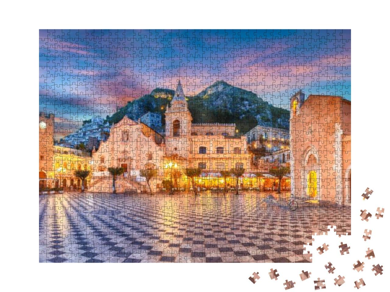 Puzzle 1000 Teile „Belvedere von Taormina und Kirche San Giuseppe, Sizilien, Italien“