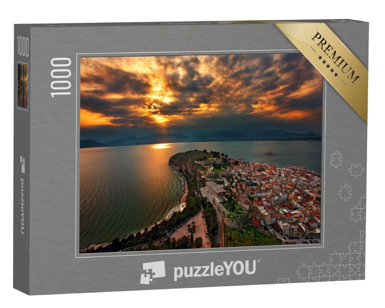 Puzzle 1000 Teile „Panoramablick auf Nafplio bei Sonnenuntergang, Peloponnes, Griechenland“