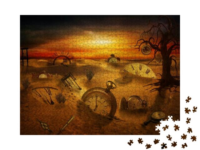 Puzzle 1000 Teile „Verschiedene Arten von Uhren stecken im Sand, Metapher für verlorene Zeit“