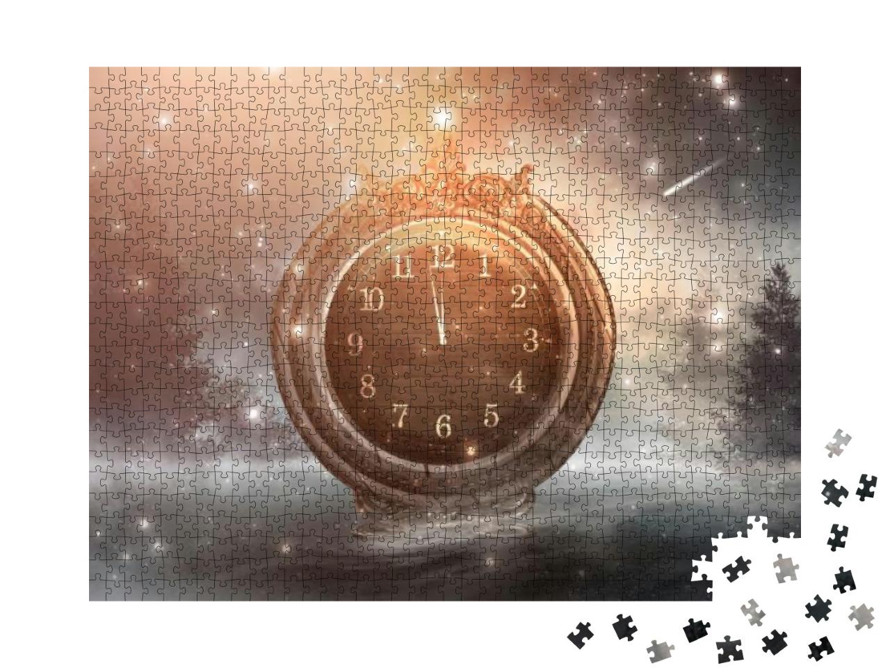 Puzzle 1000 Teile „Dunkle abstrakte Szene mit einer alten Uhr, Nachtlandschaft, Schnee, Sternschnuppe“