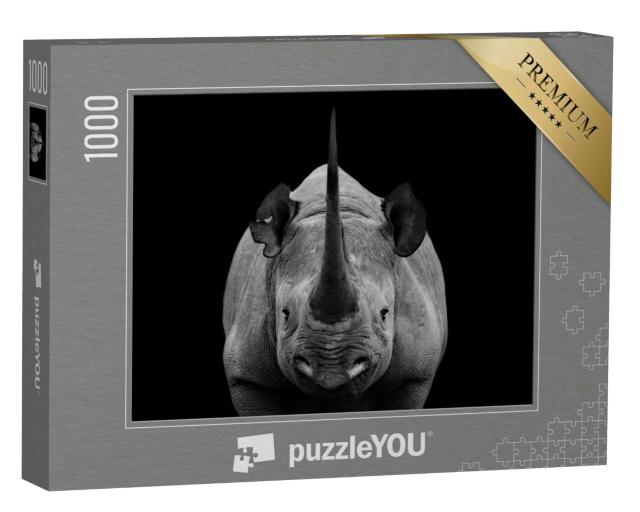 Puzzle 1000 Teile „Auge in Auge mit einem Nashorn, schwarz-weiß“