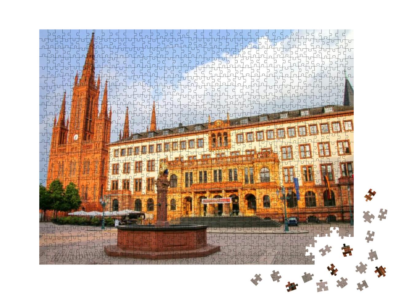 Puzzle 1000 Teile „Schlossplatz mit Marktkirche und Neuem Rathaus in Wiesbaden, Hessen, Deutschland“