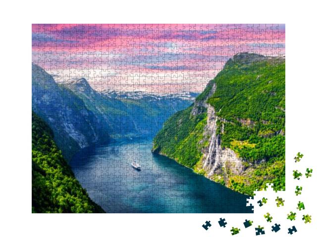 Puzzle 1000 Teile „Sunnylvsfjord und Sieben-Schwestern-Wasserfälle, Norwegen“