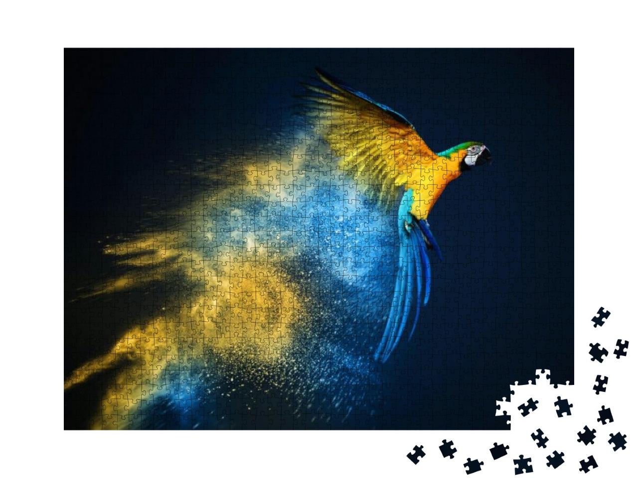 Puzzle 1000 Teile „Fliegender Ara-Papagei über bunter Pulverexplosion“