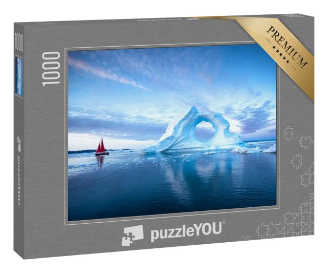 Puzzle 1000 Teile „Segelboot mit roten Segeln vor massiven Eisbergen am Abend, Diskobucht, Grönland“