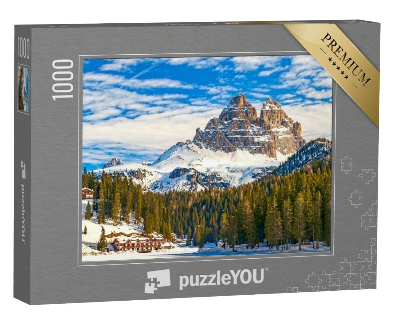 Puzzle 1000 Teile „Die Gipfel der Drei Zinnen vom Misurina-See in den Dolomiten aus gesehen“
