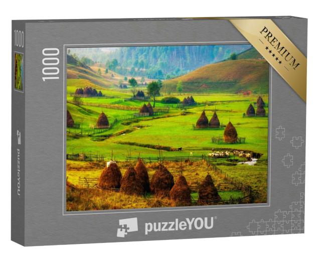 Puzzle 1000 Teile „Nebel an einem Morgen im Herbst: Berglandschaft Fundatura Ponorului, Rumänien“