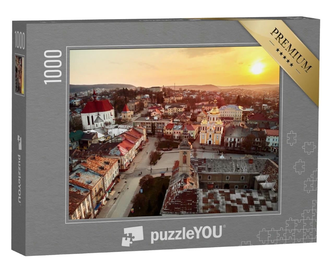 Puzzle 1000 Teile „Berezhany: Panorama der Stadt bei Sonnenschein, Ukraine“