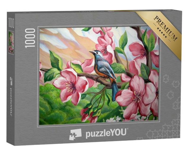 Puzzle 1000 Teile „Acrylmalerei: Blühender Sakura-Zweig mit einem Vogel“