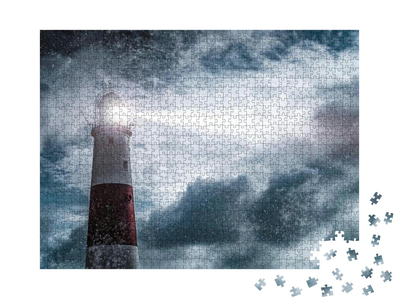 Puzzle 1000 Teile „Rot-weißer Leuchtturm im nächtlichen Regen bei rauher See“