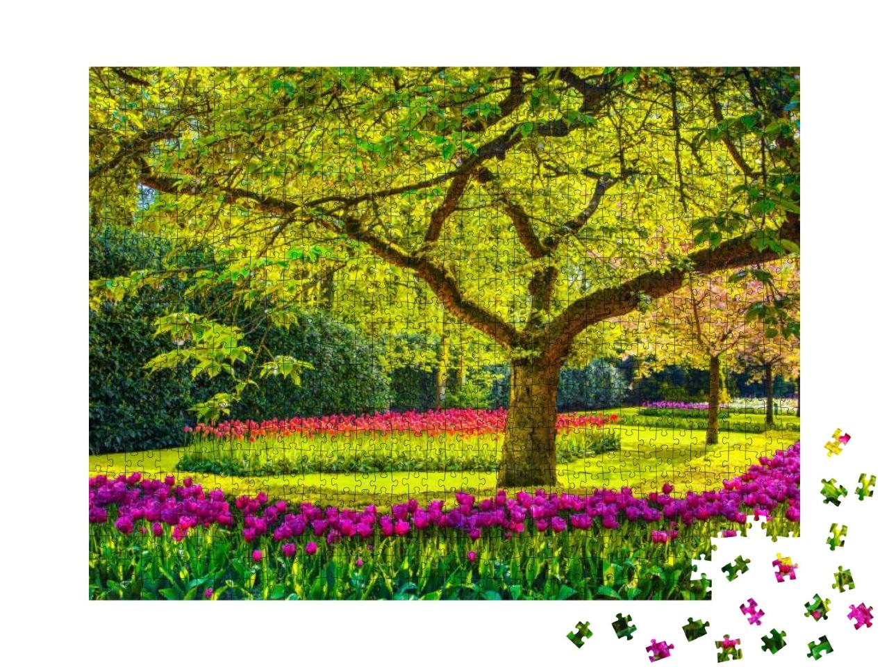 Puzzle 1000 Teile „Tulpen im Schatten eines alten Baumes, Keukenhof, Niederlande“