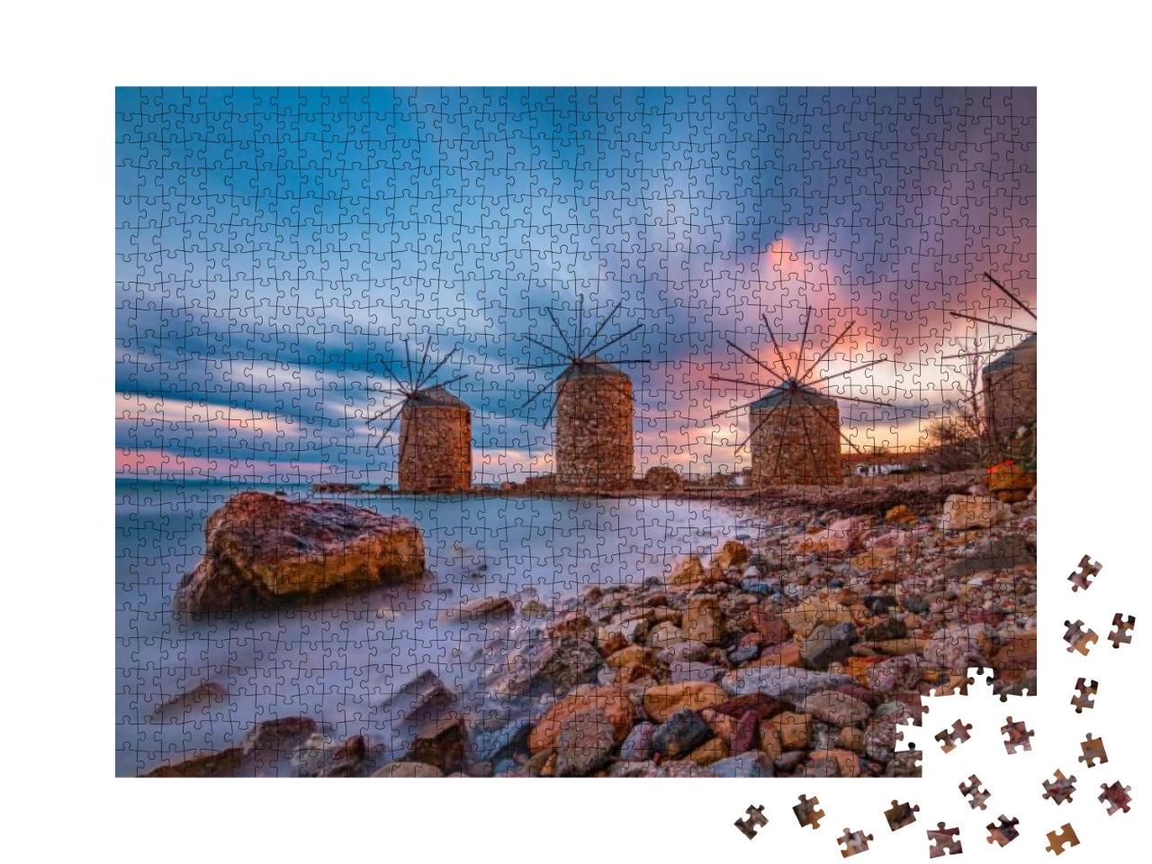 Puzzle 1000 Teile „Windmühlen bei Sonnenuntergang auf der Insel Chios“