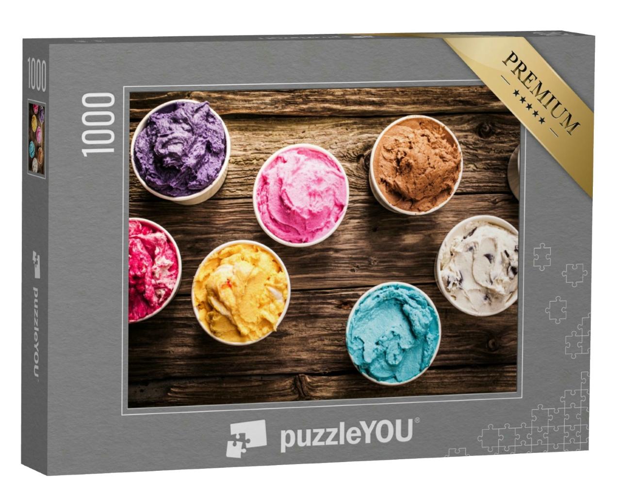 Puzzle 1000 Teile „Auswahl an italienischen Gourmet-Eissorten in leuchtenden Farben“