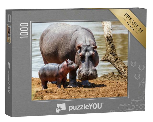 Puzzle 1000 Teile „Nilpferdmutter mit ihrem Baby im Masai Mara National Park, Kenia“