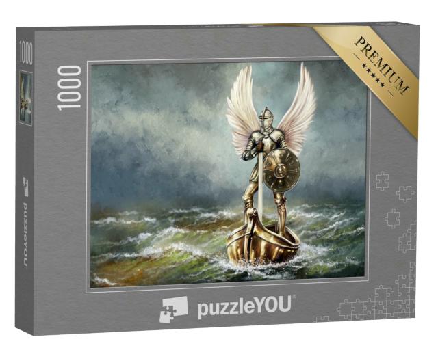 Puzzle 1000 Teile „Digitale Ölgemälde: Meer, Engel mit Schild und mittelalterlichem Schwert“