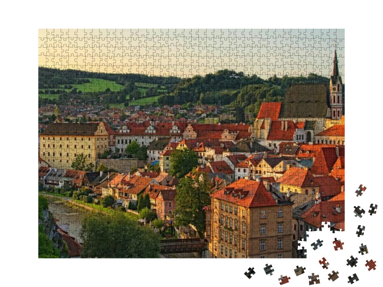 Puzzle 1000 Teile „Morgendliches Stadtbild mit roten Ziegeldächern, Krumau, Tschechische Republik“
