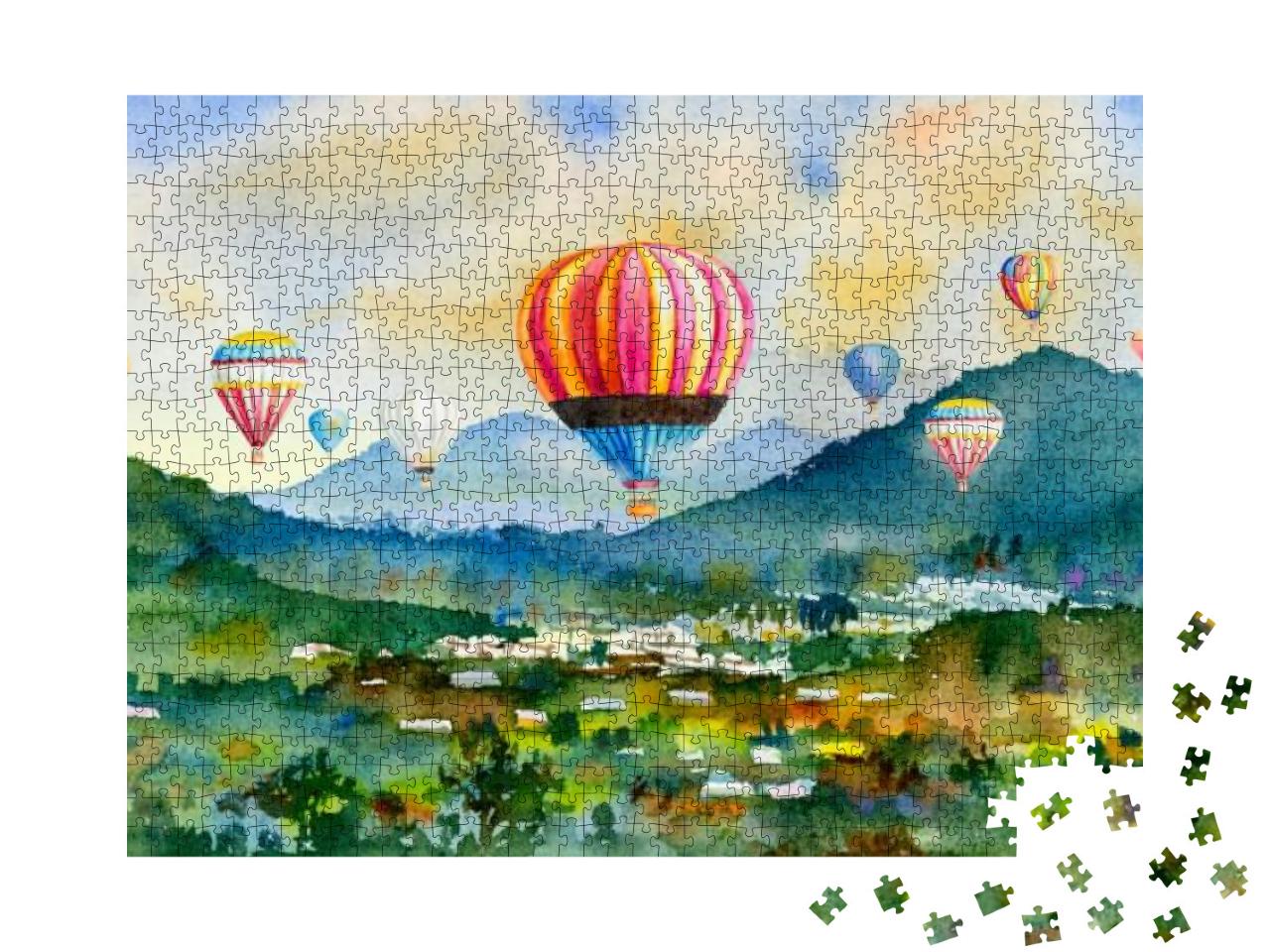 Puzzle 1000 Teile „Aquarell: Heißluftballons über einem Dorf in den Bergen“