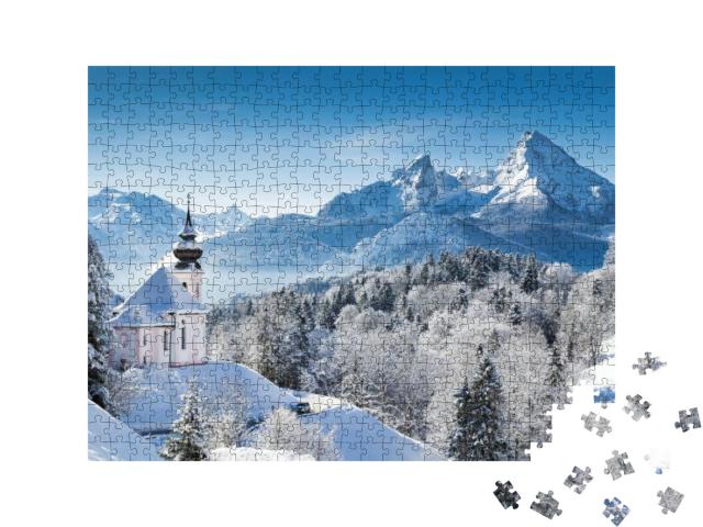 Puzzle 500 Teile „Wallfahrtskirche und Watzmann-Gipfel im Winter, Berchtesgadener Land, Deutschland“