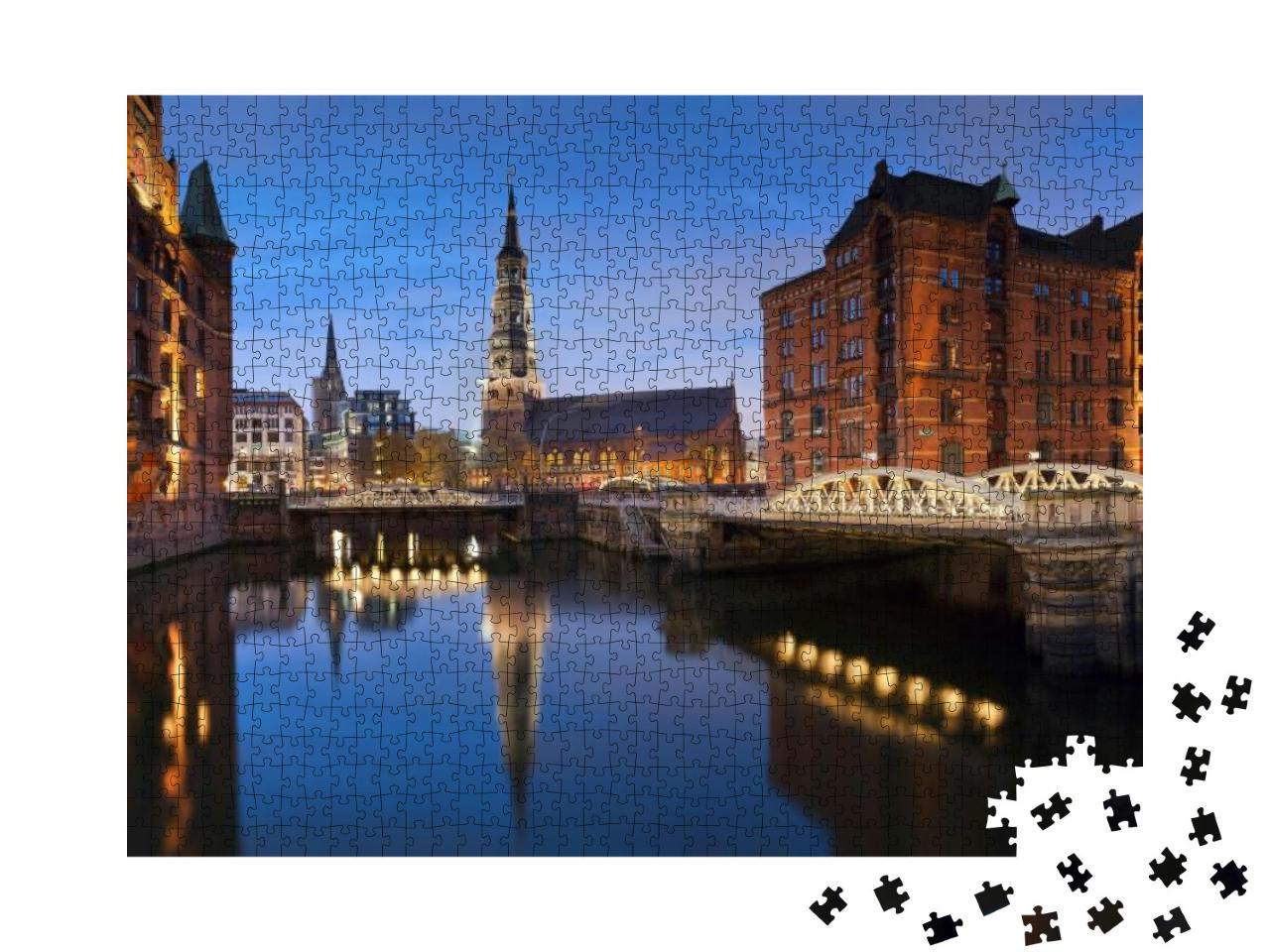 Puzzle 1000 Teile „Hamburg: Speicherstadt in der blauen Stunde“