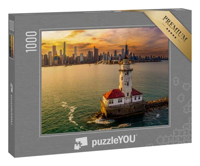 Puzzle 1000 Teile „Chicago: Hafen und Leuchtturm bei Sonnenuntergang“