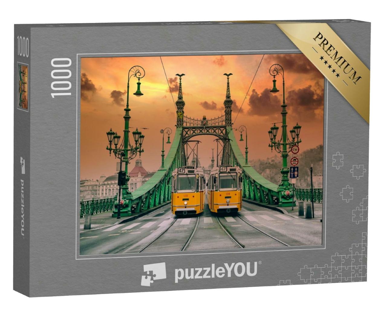 Puzzle 1000 Teile „Zwei gelbe Trams auf der Freiheitsbrücke, Budapest, Architektur des Jugendstils“