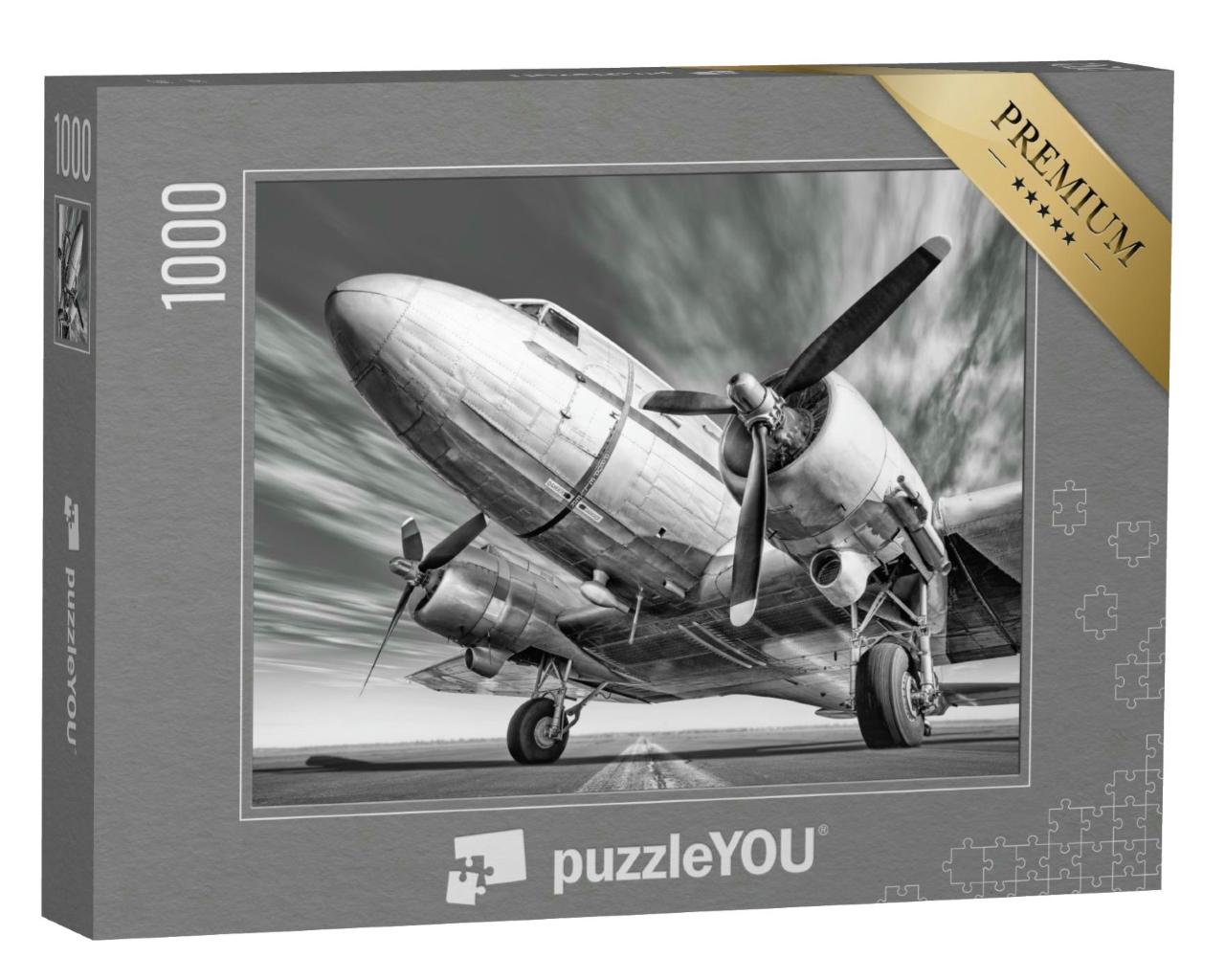 Puzzle 1000 Teile „Historisches Flugzeug auf einer Landebahn, schwarz-weiß“