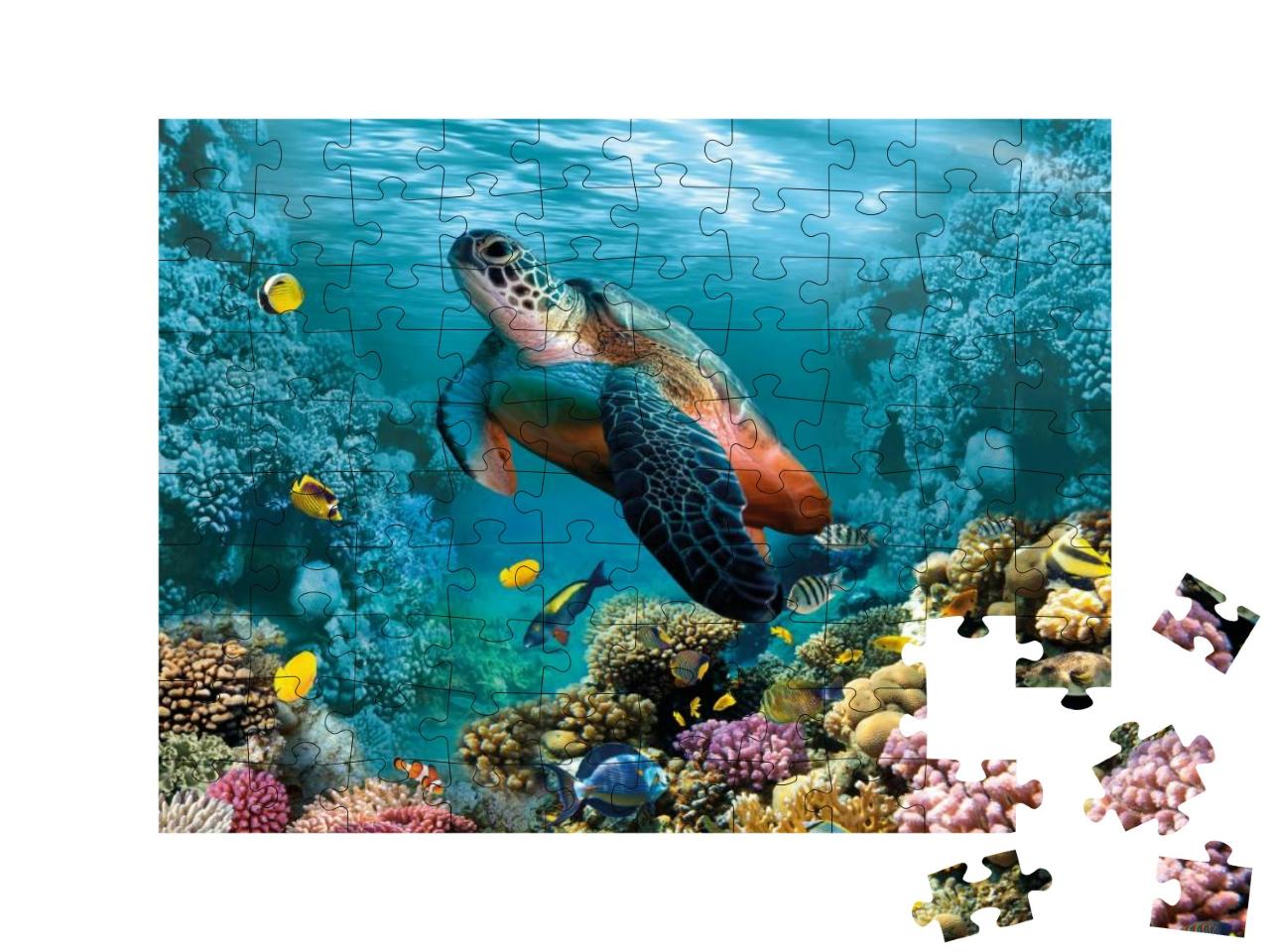 Puzzle 100 Teile „Unterwasserwelt mit einer eindrucksvollen Schildkröte und Korallen“
