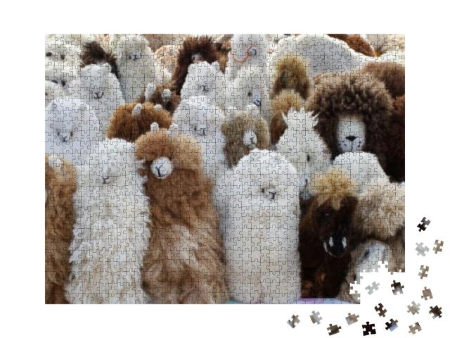 Puzzle 1000 Teile „Plüschtiere aus Lama-Fell auf dem Kunsthandwerkermarkt in Otavalo, Ecuador“