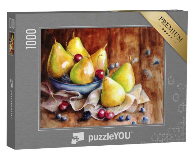 Puzzle 1000 Teile „Stillleben mit gelben Birnen, Brombeeren, Heidelbeeren und Kirschen, Aquarell“