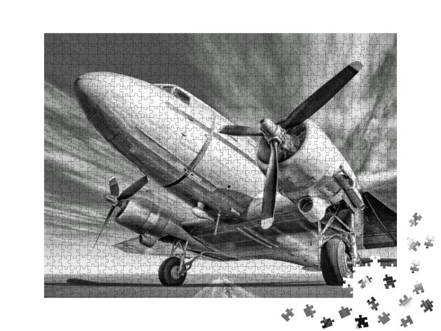 Puzzle 1000 Teile „Historisches Flugzeug auf einer Landebahn, schwarz-weiß“