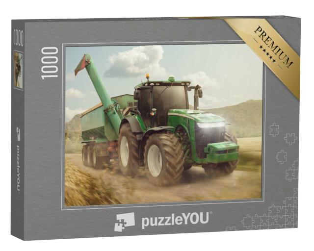 Puzzle 1000 Teile „Traktor mit Anhänger auf einem Feldweg neben einem Getreidefeld“