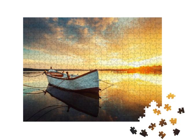 Puzzle 500 Teile „Fischerboot im Wasser bei Sonnenuntergang“