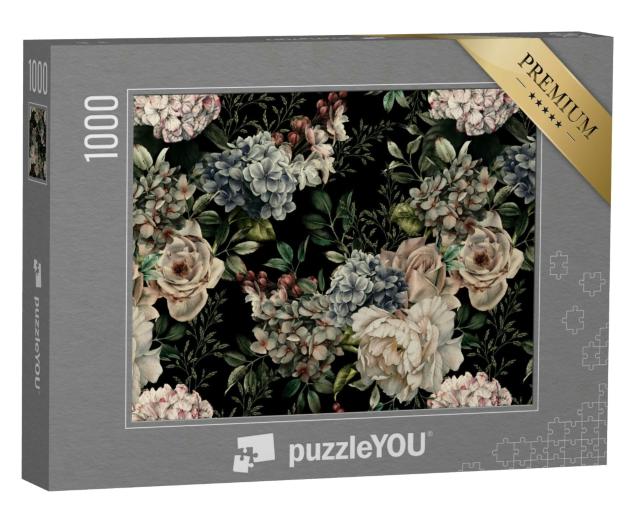 Puzzle 1000 Teile „Nahtloses florales Muster, Blumen auf dunklem Hintergrund, Aquarell“