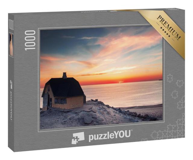 Puzzle 1000 Teile „Sonnenuntergang in Nordjütland: gelbes Dänenhaus mit Meerblick“