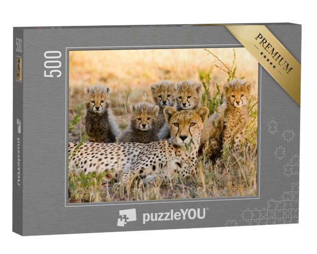 Puzzle 500 Teile „Gepardenmutter und ihre Jungtiere in der Savanne, Kenia“