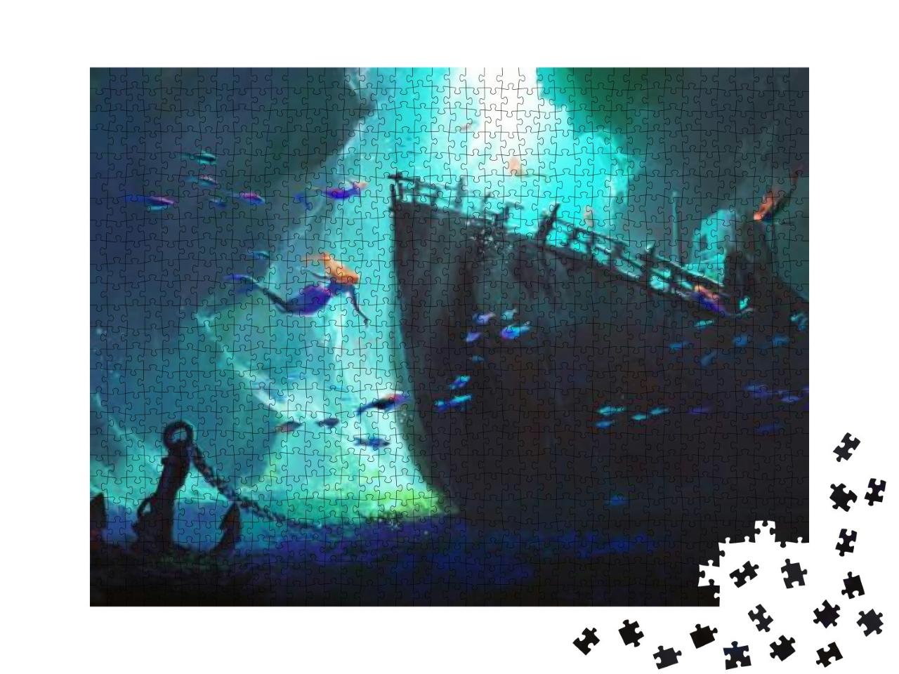Puzzle 1000 Teile „Digitale Kunst: Meerjungfrauen umgeben das gesunkene Schiff“
