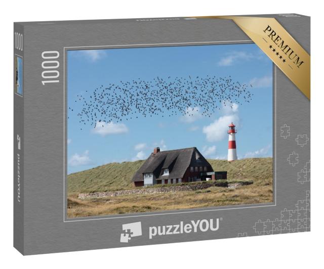 Puzzle 1000 Teile „Leuchtturm List Ost mit einem Schwarm von Vögeln“
