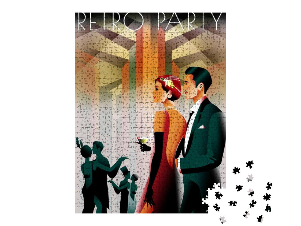 Puzzle 1000 Teile „Paar auf einer Party im Stil des frühen 20. Jahrhunderts, Retro-Party-Einladungskarte“