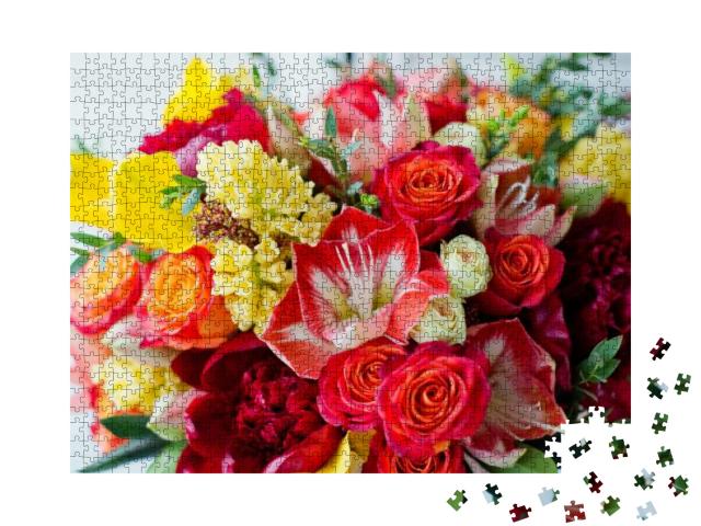 Puzzle 1000 Teile „Große rosa Geschenkbox mit hellen Blumen“