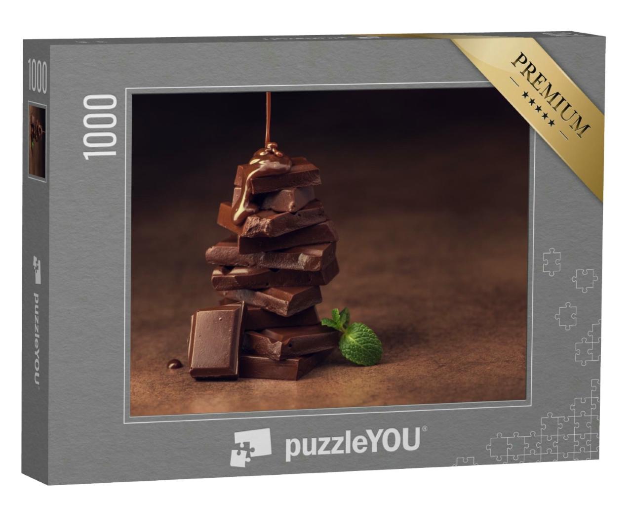 Puzzle 1000 Teile „Geschmolzene Schokolade fließt samtig über Schokoladenstückchen“